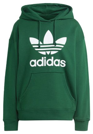 Green hoodie with front pouch pocket, adjustable drawstring hood, and large white Adidas trefoil logo and text on the chest.