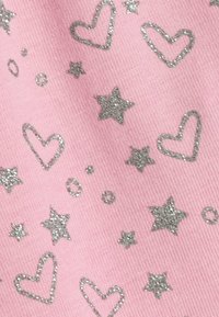 Pink fabric featuring silver glitter hearts and stars, with small dotted accents. Texture appears smooth with a subtle ribbed pattern.