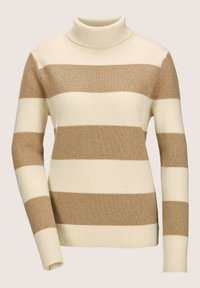 Beige- und cremefarbener gestreifter Rollkragenpullover mit gerippten Bündchen und Saum, der einen weichen Textilstoff mit einem subtilen Schimmer zeigt.