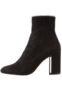 Black suede ankle boot with a pointed toe and a block heel. The heel features a clear accent at the back, enhancing the design.