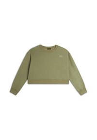 Sudadera corta verde oliva, material de algodón suave, cuello redondo, mangas largas, puños y dobladillo de canalé, con un pequeño detalle de logo blanco.