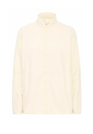 Chaqueta de forro polar color crema con cuello alto, cierre completo y bolsillos laterales. Textura suave con mangas largas y sin patrones.