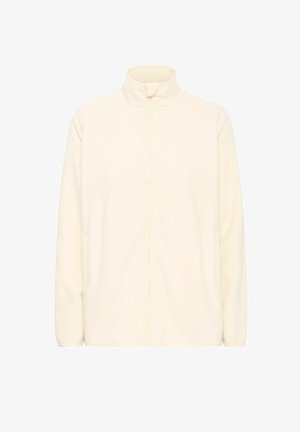 Krémová fleecová bunda s vysokým golierom, plným zipsom vpredu a bočnými vreckami. Hladká textúra s dlhými rukávmi a bez vzorov.