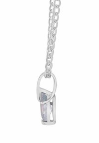 Hõbedast kett-kaelakee, millel on geomeetriline ripats, mis sisaldab helesiniseid ja roosasid vääriskive, millel on siledad ja poleeritud pinnad.