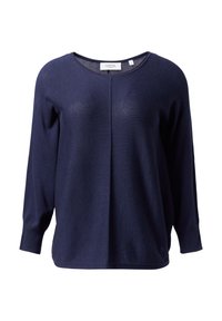 Marineblauer gestrickter Pullover mit langen Ärmeln, rundem Halsausschnitt und einer Nahtdetails auf der Vorderseite. Der Stoff ist weich und leicht strukturiert.
