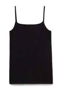 Camisola nera con spalline sottili, realizzata in morbido cotone. Presenta un design semplice e lineare con orlo dritto. Nessun motivo o accento.