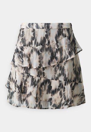 Minifalda en capas de tejido ligero y transparente. Presenta un patrón de leopardo en beige y negro. Las capas con volantes añaden textura y dimensión.