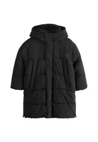 Čierna pufová bunda s kapucňou, s prešívaným dizajnom, krátkymi rukávmi a predným zipsom. Jemný detail loga na hrudníku.