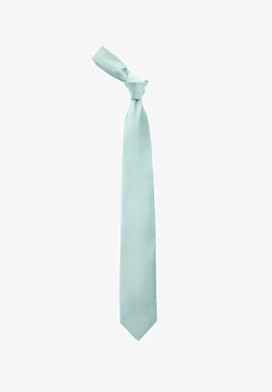Light mint green tie made of smooth fabric with a solid color design. Features a narrow cut and a pointed end, knotted at the top.