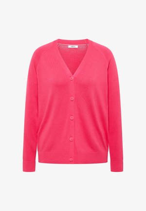 Felroze, lange mouwen cardigan met V-hals, vijf bijpassende knopen aan de voorkant, geribbelde manchetten en zoom.