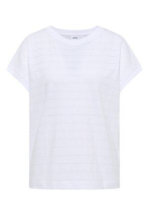 T-shirt bianca a maniche corte con sottili righe orizzontali traforate e scollo rotondo, etichettata "Cecil" all'interno del colletto.