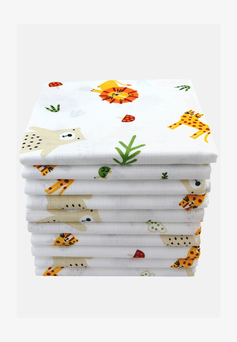 Serviettes en coton empilées avec des motifs colorés d'animaux et de nature. Comprend un ours, une girafe, un lion et des champignons sur un fond blanc.