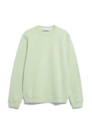 Light green sweatshirt with a crew neck, long sleeves, and a small white ribbon detail on the chest. Made from soft fabric.