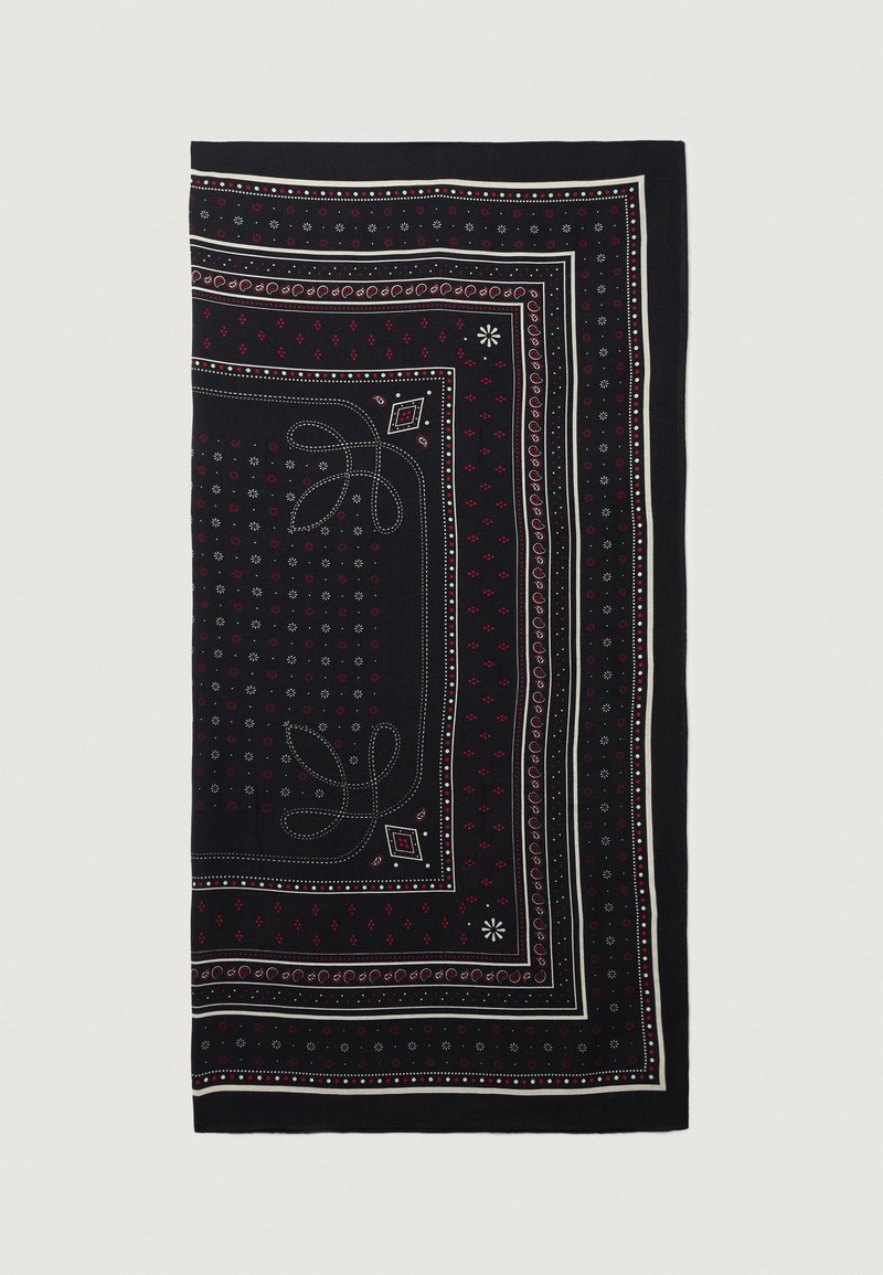 Mørk stoffskjerf med hvite og røde paisley- og blomstermønstre, omrammet av kontrastfarger. Rektangulær form. Myk tekstur.
