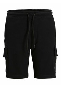 Shorts cargo noirs longueur genou avec taille à cordon et poches à rabat latérales, présentés sur un fond blanc.