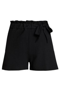 Shorts noirs en tissu texturé, dotés d'une taille élastique et d'une ceinture en tissu nouée au centre devant.