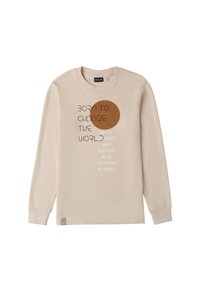T-shirt beige a maniche lunghe realizzato in morbido cotone, con una grafica circolare marrone e testo motivazionale stampato in bianco e nero.