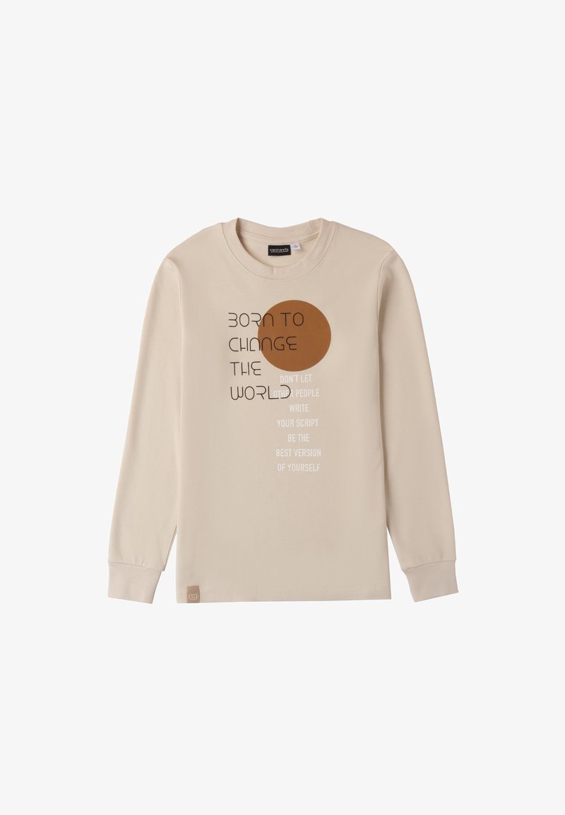 Beige Langarm-T-Shirt aus weicher Baumwolle, mit einem braunen runden Grafikdesign und motivierendem Text in Schwarz und Weiß bedruckt.