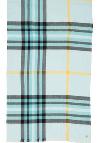 Šviesiai mėlynas plaid šalikėlis, turintis juodas, geltonas ir turquoise juosteles. Minkšta tekstūra su pūkuotais kraštais, stačiakampio formos.
