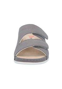Gray slide sandal featuring two wide fabric straps, open toe design, stitched accents, and a light-colored sole. Textured upper material.