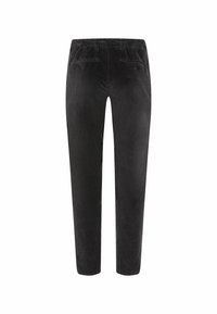 Schwarze Cord-Hose mit entspannter Passform, ausgestattet mit einem elastischen Bund, zwei vorderen Taschen und einem weichen, strukturierten Finish.