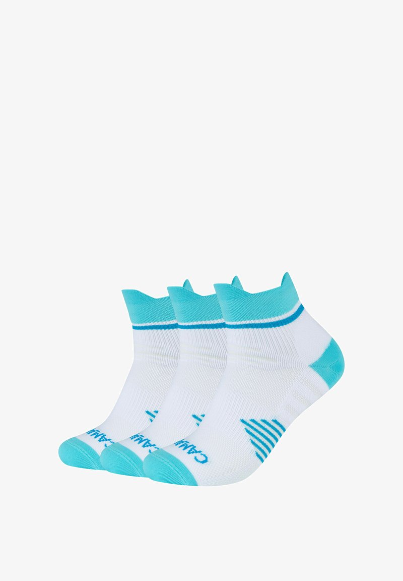 Tre par ankelsokker i hvid med turkise accenter. Lavet af struktureret stof, med ribbede manchetter og mønstrede såler.