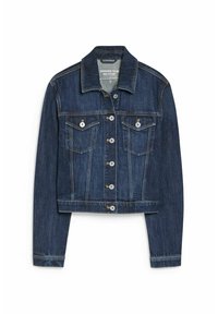 Dark blue denim jacket featuring a cropped design, two chest pockets, silver button closure, and stitching accents. Suitable for casual wear.