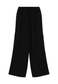 Pantalons larges noirs avec une taille élastiquée et un cordon de serrage. Fabriqués à partir d'un tissu doux, avec une texture lisse et une coupe décontractée.