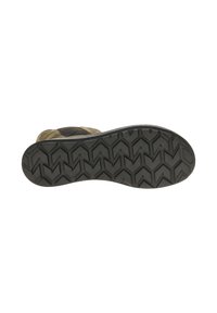 Rubber sole with zigzag tread pattern, black color. Upper features a mix of tan and dark fabric materials, optimized for traction and durability.