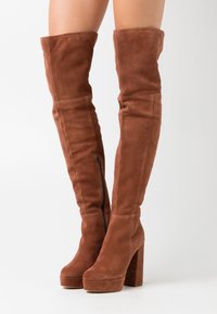 Botas marrones de ante por encima de la rodilla con un tacón cuadrado, que cuentan con una cremallera en el costado y una textura suave y lisa.