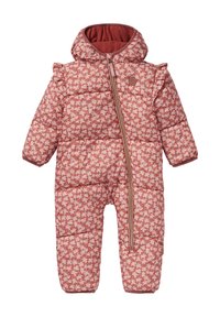 Polstrad rosa vinterdräkt med blommönster, som har huva, dragkedja och ribbade ärmslut. Mjuk textur, varm foder och volangdetaljer.