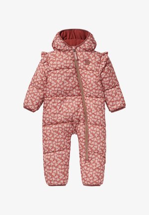 Gevoerde roze sneeuwoverall met een bloemenpatroon, voorzien van een capuchon, ritssluiting en geribde manchetten. Zachte textuur, warme voering en franje-accenten.