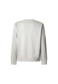 Sudadera gris, hecha de una tela suave, con un cuello redondo, mangas largas y un dobladillo acanalado. Diseño trasero simple y sin adornos.