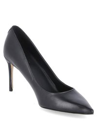 Pump nera in pelle con tacco alto, punta appuntita, design elegante e sottile tacco a stiletto. Texture liscia con accenti minimi.