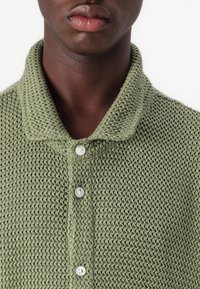 Polo shirt verde oliva a maglia con un motivo testurizzato, dotato di colletto e tre bottoni bianchi sul davanti.