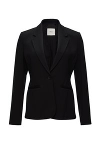 Zwarte blazer van gladde stof, met een geknikte kraag, enkele knoopsluiting en twee vo pockets. Eenvoudig, op maat gemaakt ontwerp.