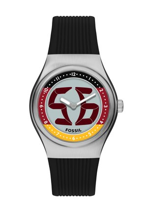 Orologio da polso analogico Fossil con cassa in argento, cinturino in silicone nero a coste, dettagli borgogna e gialli e quadrante stilizzato a 12 ore.