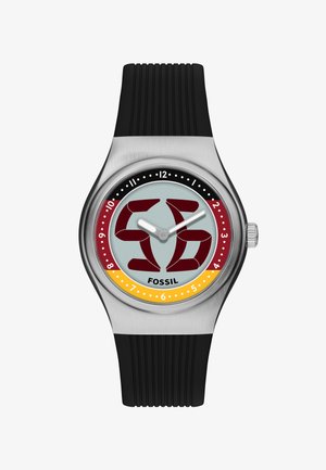 Analog Fossil wristwatch with silver case, black ribbed silicone strap, burgundy and yellow accents, and stylized 12-hour dial.
