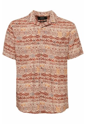Short-sleeved button-up shirt in red, tan, and orange tones featuring a geometric and tribal pattern on a textured fabric.