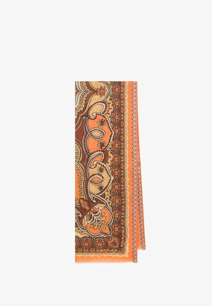 Écharpe orange, marron et beige avec des motifs floraux et cachemire élaborés et des bords décoratifs dans des tons chauds naturels.