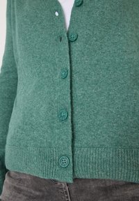 Grüne Wollstrickjacke mit V-Ausschnitt, sechs passenden Knöpfen sowie gerippten Bündchen und Saum. Weicher Stoff mit subtilen Farbvariationen.
