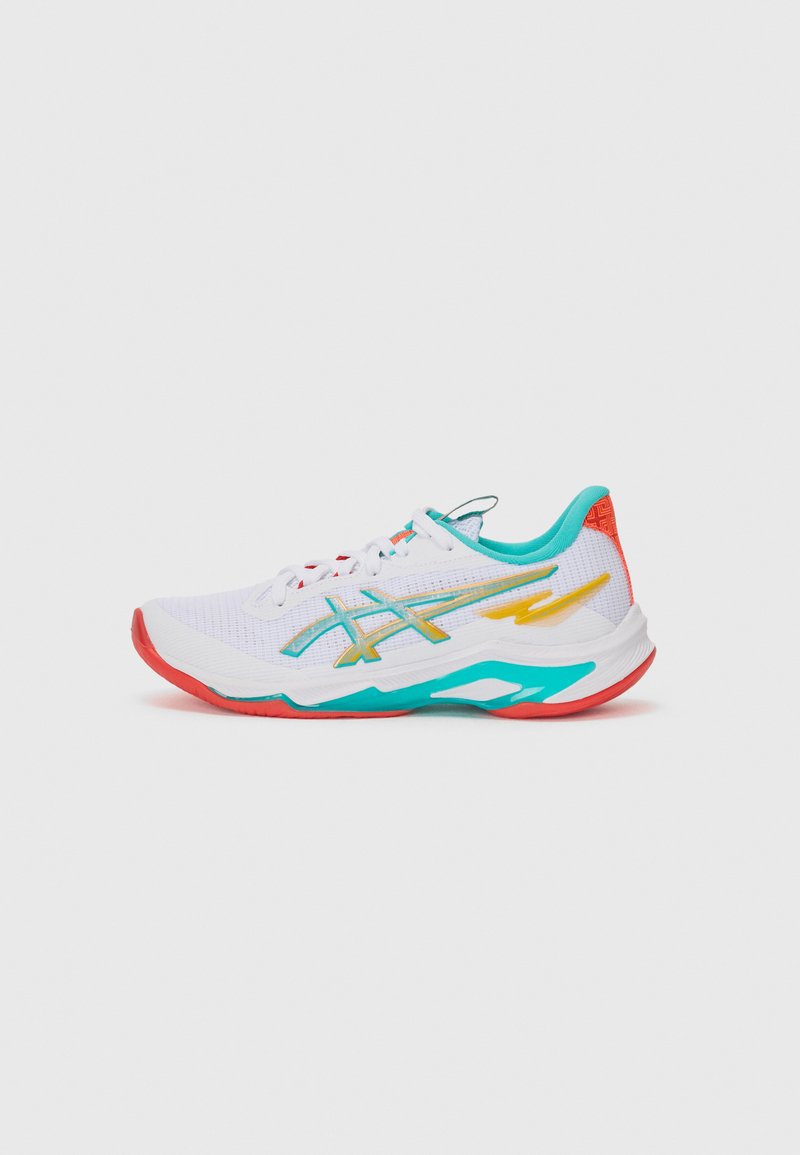 White athletic shoe with turquoise, yellow, and red accents. Features a breathable mesh upper, padded collar, and a textured rubber sole.