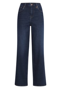 Tmavo modré široké džínsy vyrobené z denimu. Vysoký pás so prednými vreckami a zapínaním na gombík. Hladká textúra s minimálnymi ozdobami.