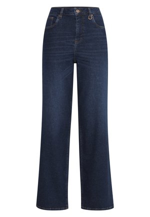 Tumedast sinisest denimist laiad teksad. Kõrge vöökohaga disain, millel on eesmine taskud ja nööpidega kinnitamine. Sile tekstuur minimaalse kaunistusega.