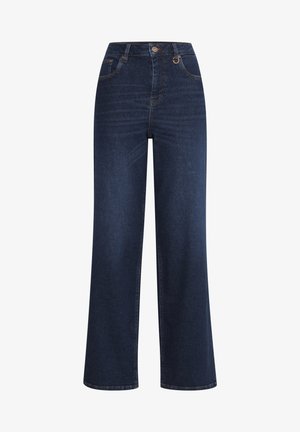 Tumedast sinisest denimist laiad teksad. Kõrge vöökohaga disain, millel on eesmine taskud ja nööpidega kinnitamine. Sile tekstuur minimaalse kaunistusega.