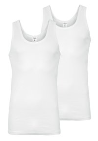 Two white sleeveless tank tops made of cotton, featuring a round neck and straight hem. Fabric appears smooth and lightweight.