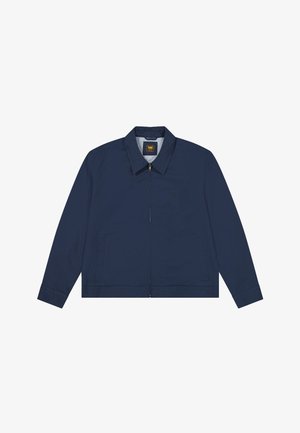 Marineblå hettejakke med glidelås, krage, lange ermer, frontlommer og subtilt Lee-logo på brystet.