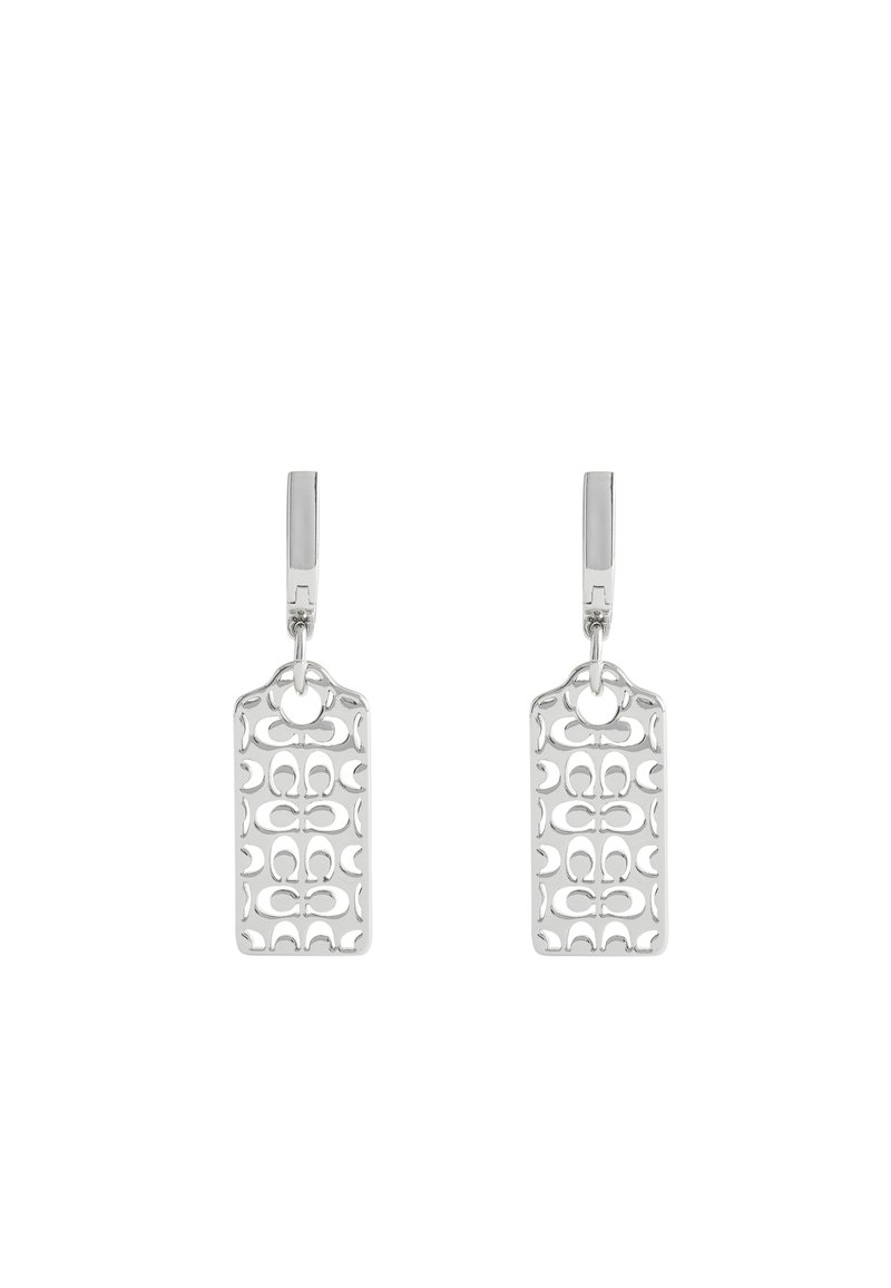 Orecchini a goccia in argento dalla forma rettangolare, caratterizzati da un intricato motivo ritagliato e da una finitura metallica liscia e lucida.