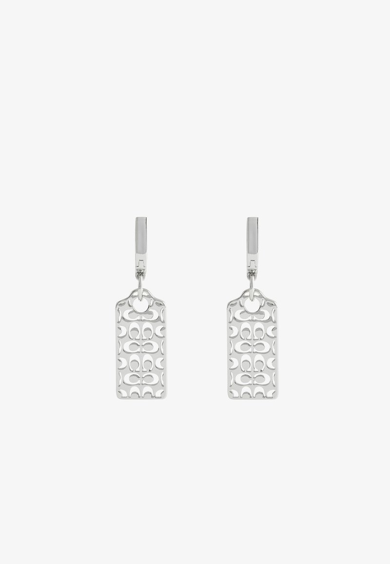 Orecchini a goccia in argento dalla forma rettangolare, caratterizzati da un intricato motivo ritagliato e da una finitura metallica liscia e lucida.