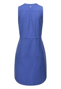 Ärmelloses blaues Kleid mit rundem Ausschnitt, taillierter Taille und flachen Falten auf der Rückseite, gefertigt aus strukturiertem Stoff. Keine sichtbaren Muster.